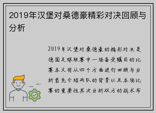 2019年汉堡对桑德豪精彩对决回顾与分析